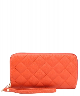 Quilted Double Zip Around Wallet Wristlet QW0012 BURNT ORANGE